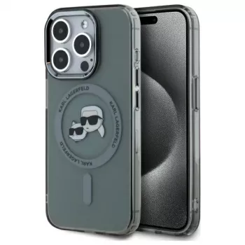 Karl Lagerfeld KLHMP15LHLSKCK Kietasis dėklas, skirtas iPhone 15 Pro 6,1 inch, juodas, IML Metal, Karl & Choupette Head, MagSafe