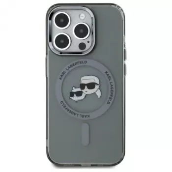 Karl Lagerfeld KLHMP15LHLSKCK Kietasis dėklas, skirtas iPhone 15 Pro 6,1 inch, juodas, IML Metal, Karl & Choupette Head, MagSafe