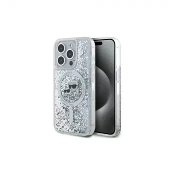 Karl Lagerfeld KLHMP15LLGKCSGH iPhone 15 Pro 6.1″ kietas dėklas permatomas skystas blizgesys Karl & Choupette galva MagSafe