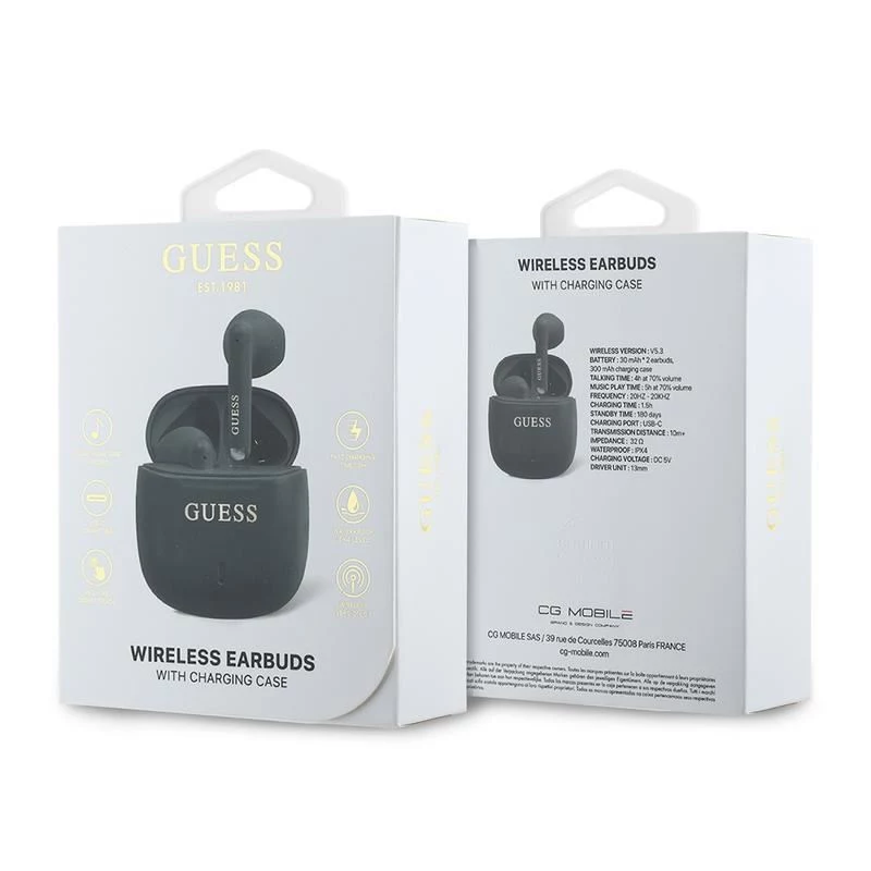Guess GUTWSJ14ESGKTWS belaidės ausinės True Wireless Bluetooth 5.3 su įkrovimo dėklu, juodos, klasikinis logotipo raštas