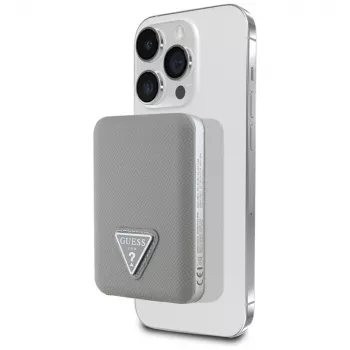 GUESS Grained Triangle belaidis power bank 5000mAh 15W USB-C MagSafe smėlio spalvos