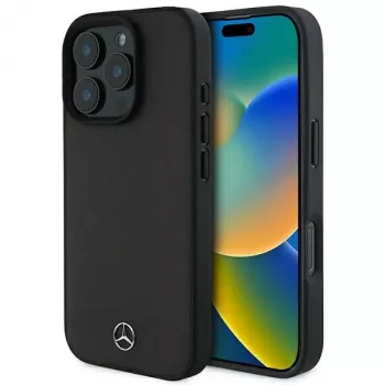 Mercedes-Benz MEHMP16X23RBARK iPhone 16 Pro Max 6,9 inch juodas kietasis dėklas iš tekstūruotos ir lygios odos su MagSafe
