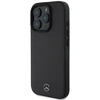 Mercedes-Benz MEHMP16X23RBARK iPhone 16 Pro Max 6,9 inch juodas kietasis dėklas iš tekstūruotos ir lygios odos su MagSafe