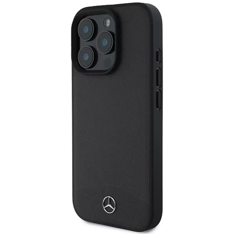 Mercedes-Benz MEHMP16X23RBARK iPhone 16 Pro Max 6,9 inch juodas kietasis dėklas iš tekstūruotos ir lygios odos su MagSafe