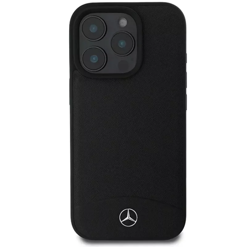Mercedes-Benz MEHMP16X23RBARK iPhone 16 Pro Max 6,9 inch juodas kietasis dėklas iš tekstūruotos ir lygios odos su MagSafe