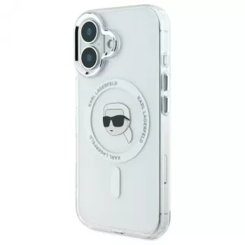Karl Lagerfeld KLHMP16SHLSKIH Hardcase IML Metal Karl Head MagSafe dėklas Apple iPhone 16 6,1 colio, baltas