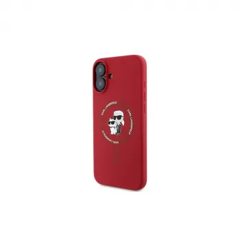 Karl Lagerfeld iPhone 16 Plus 6,7 col. Hardcase Silicone Karl & Choupette su žiedu ir MagSafe - Raudona