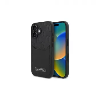 Karl Lagerfeld iPhone 16 6.1 kietas dėklas su kortelių kišenėmis Monogram Black