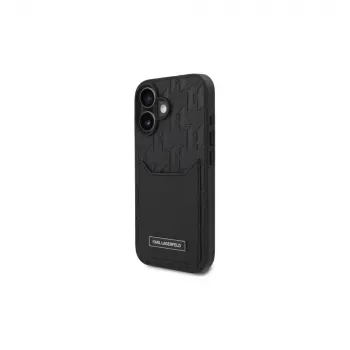 Karl Lagerfeld iPhone 16 6.1 kietas dėklas su kortelių kišenėmis Monogram Black