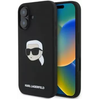 „Karl Lagerfeld KLHMP16SSKHPPLK“ iPhone 16 6,1“ juodas silikoninis kietas dėklas su Karlo galvos atspaudu ir MagSafe