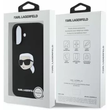 „Karl Lagerfeld KLHMP16SSKHPPLK“ iPhone 16 6,1“ juodas silikoninis kietas dėklas su Karlo galvos atspaudu ir MagSafe