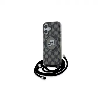 Karl Lagerfeld KLHMP16SHCKCKLCK iPhone 16 6.1 juodas kietasis dėklas Crossbody IML Monogram Karl & Choupette Head MagSafe