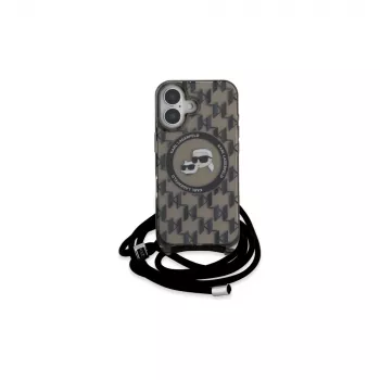Karl Lagerfeld KLHMP16SHCKCKLCK iPhone 16 6.1 juodas kietasis dėklas Crossbody IML Monogram Karl & Choupette Head MagSafe