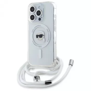 Karl Lagerfeld iPhone 16 Pro kietas dėklas permatomas Crossbody IML Karl Head MagSafe
