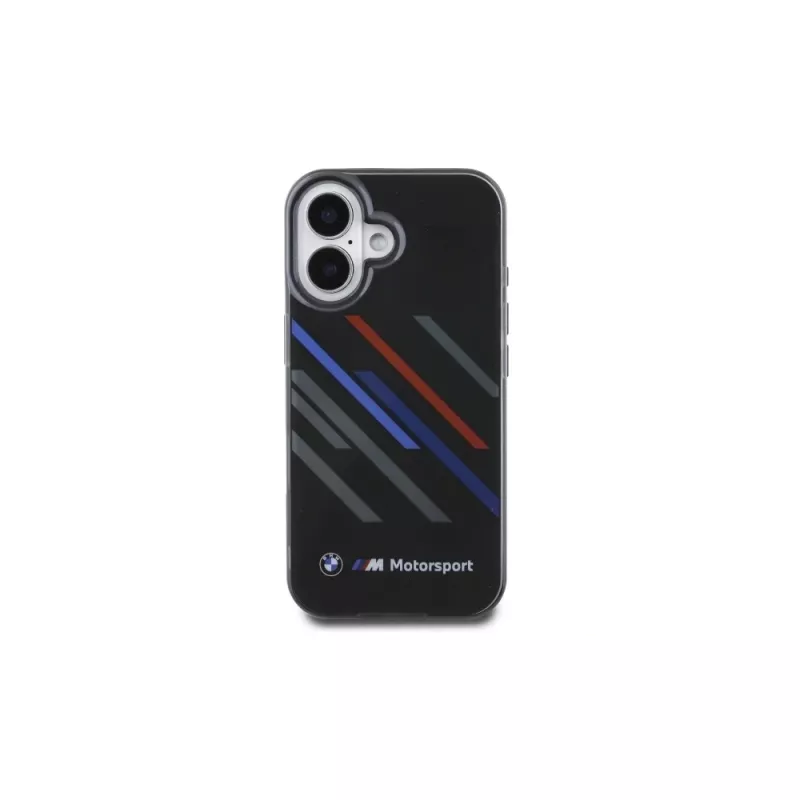 BMW BMHCP16M23HTRAK Hardcase, skirta iPhone 16 Plus 6,7 colio, juoda, Motorsport IML Random Stripes