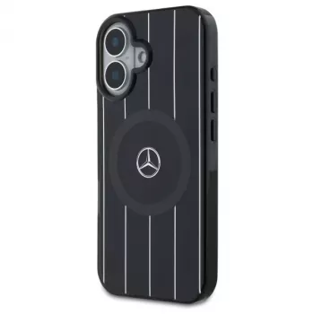 Mercedes-Benz MEHMP16S23HRSK Dvigubo sluoksnio sukryžiuotų linijų kietas dėklas, skirtas iPhone 16 6,1 colio, juodas, su MagSafe