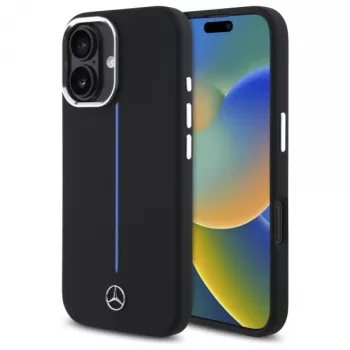 Mercedes-Benz MEHMP16S23SUMBK iPhone 16 6,1 colio juodas silikoninis kietas dėklas su mėlyna juostele ir MagSafe