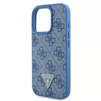 Guess GUHCP16LP4TDSCPB iPhone 16 Pro 6,3 inch Mėlynas Odinis Kietas Dėklas su Metaliniu Logotipu, Kalnų Krištolais ir Kryžminiu Dirželiu