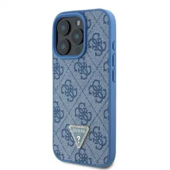Guess GUHCP16LP4TDSCPB iPhone 16 Pro 6,3 inch Mėlynas Odinis Kietas Dėklas su Metaliniu Logotipu, Kalnų Krištolais ir Kryžminiu Dirželiu