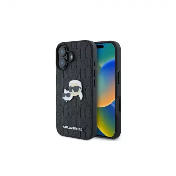 Karl Lagerfeld Monogram Karl & Choupette Head Pin Case, skirta iPhone 16 (Juoda)