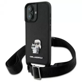 Karl Lagerfeld Saffiano Karl & Choupette Metal Pin CBDY Strap Hard Case, iPhone 16 6,1 inch, juoda