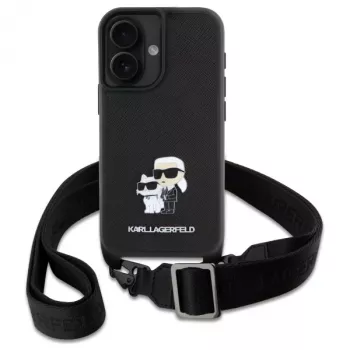 Karl Lagerfeld Saffiano Karl & Choupette Metal Pin CBDY Strap Hard Case, iPhone 16 6,1 inch, juoda