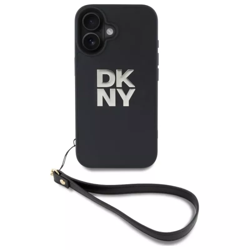 DKNY DKHCP16SPBSWSK Kietasis dėklas, skirtas Apple iPhone 16 6,1 colio, juodas su riešo dirželiu