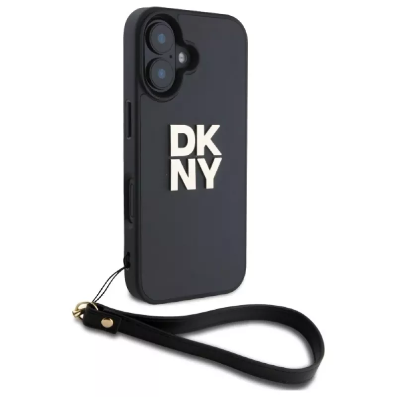DKNY DKHCP16SPBSWSK Kietasis dėklas, skirtas Apple iPhone 16 6,1 colio, juodas su riešo dirželiu