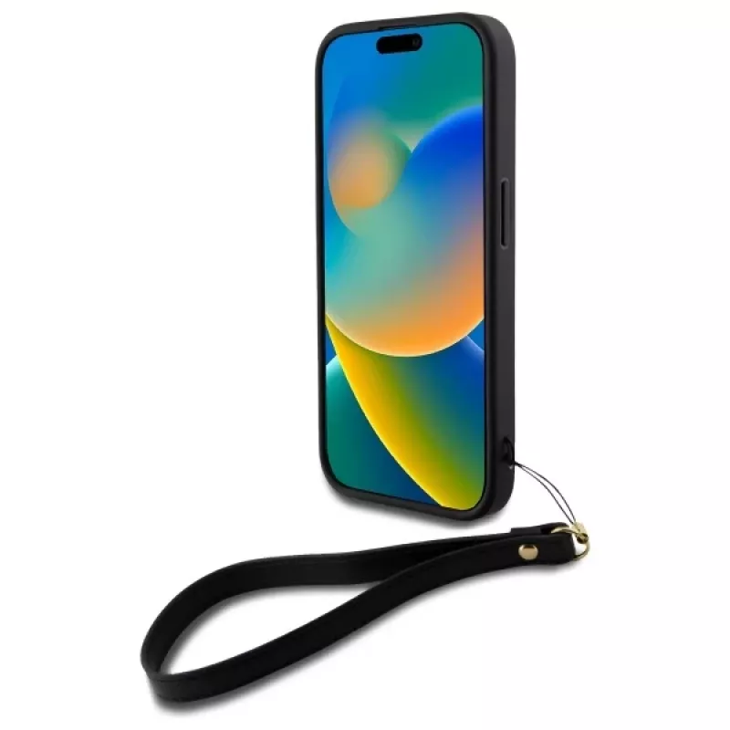 DKNY DKHCP16SPBSWSK Kietasis dėklas, skirtas Apple iPhone 16 6,1 colio, juodas su riešo dirželiu