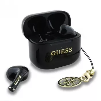 Guess Glossy Effect Printed Classic Logo & Charm TWS Bluetooth Ausinės su Įkrovimo Dėklu (Juodos)