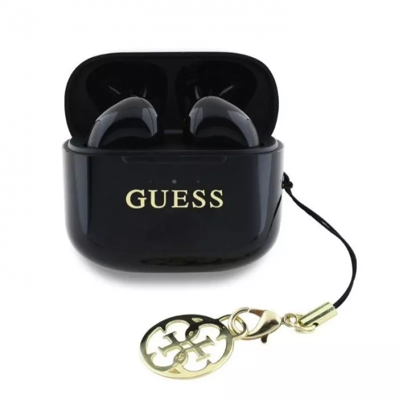 Guess Glossy Effect Printed Classic Logo & Charm TWS Bluetooth Ausinės su Įkrovimo Dėklu (Juodos)