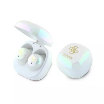„Guess 4G Printed Logo“ tikros belaidės stereo Bluetooth ausinės su įkrovimo dėklu (balta)