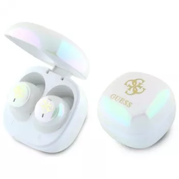„Guess 4G Printed Logo“ tikros belaidės stereo Bluetooth ausinės su įkrovimo dėklu (balta)