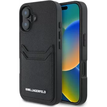 Karl Lagerfeld HC Grūdėtas PU Dėklas su Kortelių Kišenėle ir Metalo Logotipu, Skirtas iPhone 16, Juodas