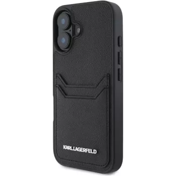 Karl Lagerfeld HC Grūdėtas PU Dėklas su Kortelių Kišenėle ir Metalo Logotipu, Skirtas iPhone 16, Juodas