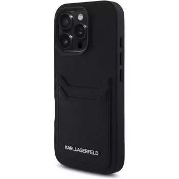 KARL LAGERFELD HC Grained PU Card Slot Metal Elongated Case for iPhone 16 Pro Black