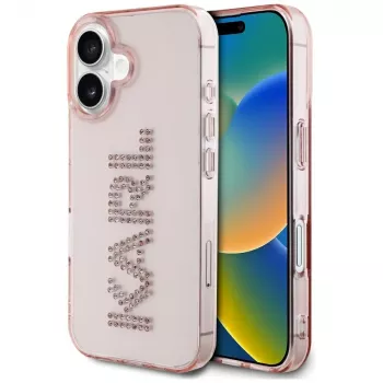 Karl Lagerfeld IML Rhinestones Logo Back Cover, skirta iPhone 16, rožinė