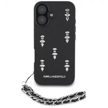 Karl Lagerfeld Saffiano Crystals with Chain Case for iPhone 16, juoda