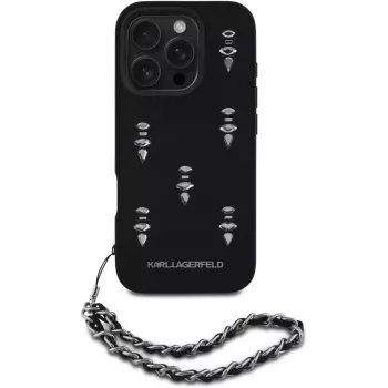 Karl Lagerfeld Saffiano Crystals with Chain Back Cover, skirta iPhone 16 Pro, juoda