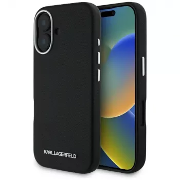 Karl Lagerfeld Saffiano FullWrapped Elongated Metal Logo MagSafe Dėklas, skirtas iPhone 16, juodos spalvos