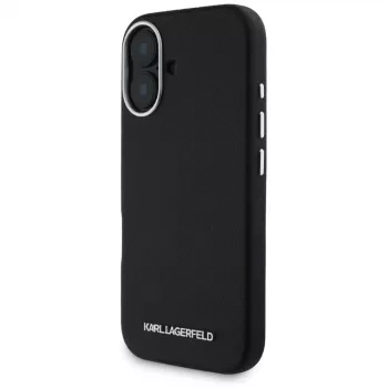 Karl Lagerfeld Saffiano FullWrapped Elongated Metal Logo MagSafe Dėklas, skirtas iPhone 16, juodos spalvos