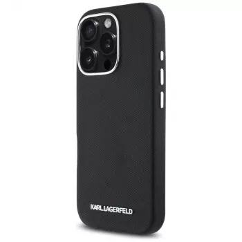 Karl Lagerfeld Saffiano Full Wrapped Elongated Metal Logo MagSafe Case, iPhone 16 Pro, juoda