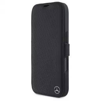 Mercedes-Benz MEBKP16S23RBGVK Knyginis dėklas, skirtas iPhone 16 6,1 inch, juodas, dirbtinė oda ir medžio imitacija