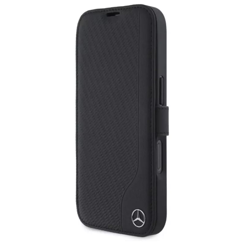 Mercedes-Benz MEBKP16S23RBGVK Knyginis dėklas, skirtas iPhone 16 6,1 inch, juodas, dirbtinė oda ir medžio imitacija