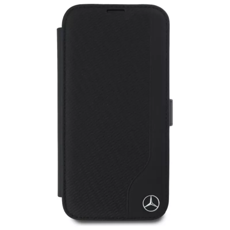 Mercedes-Benz MEBKP16S23RBGVK Knyginis dėklas, skirtas iPhone 16 6,1 inch, juodas, dirbtinė oda ir medžio imitacija