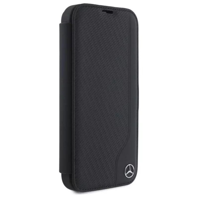 Mercedes-Benz MEBKP16S23RBGVK Knyginis dėklas, skirtas iPhone 16 6,1 inch, juodas, dirbtinė oda ir medžio imitacija