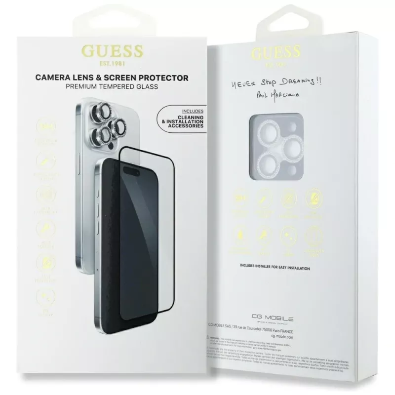 Guess BP Rhinestone 2-in-1 Screen and Camera Lens Protector Set for Apple iPhone 16 Pro Max - sidabrinis