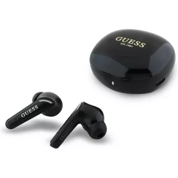 Guess Flat Classic Logo Electroplated TWS belaidžiai ausinukai su įkrovimo dėklu (Juodi)
