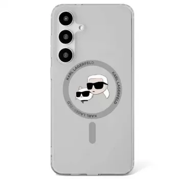 KARL LAGERFELD Button Karl & Choupette Heads Printed Logo MagSafe Dėklas, skirtas Samsung Galaxy S25, Juodas