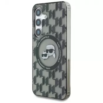 Karl Lagerfeld Button Karl & Choupette Heads On KL Pattern MagSafe Dėklas, skirtas Samsung Galaxy S25, juodas